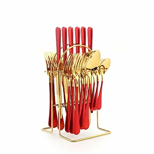 Juego de Cubiertos de Acero Inoxidable, 24 Piezas, Caja de Regalo, Mango de Color de Lujo, Tenedor, Cuchara y Cuchillo. Apto para lavavajillas (Rojo Dorado).
