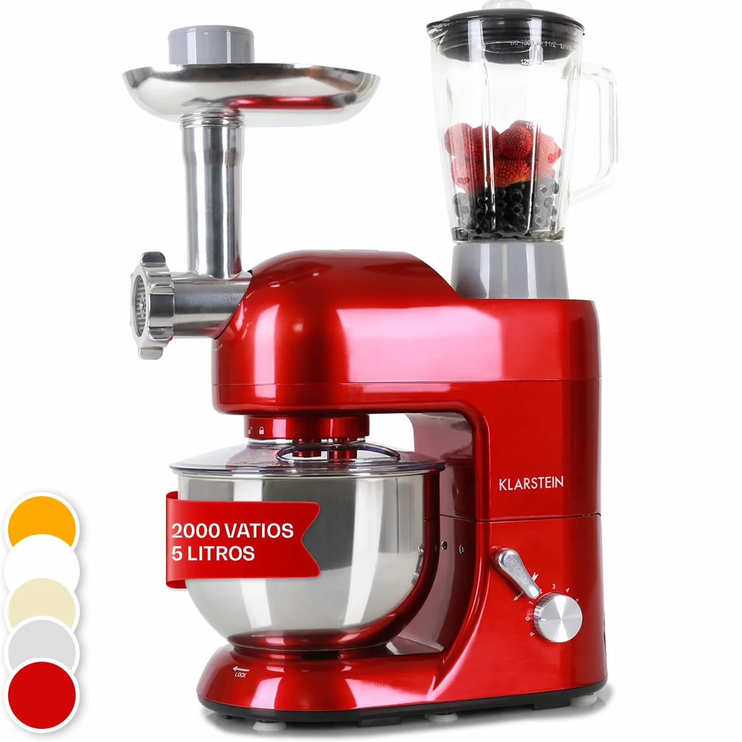 Klarstein Batidora Amasadora con Bol 5L para Hornear, Robot Cocina, Amasadora Reposteria 2000W, Picadora Carne, Gancho y Bol para Mezclar con Varillas Rotación Planetaria con 6 Velocidades