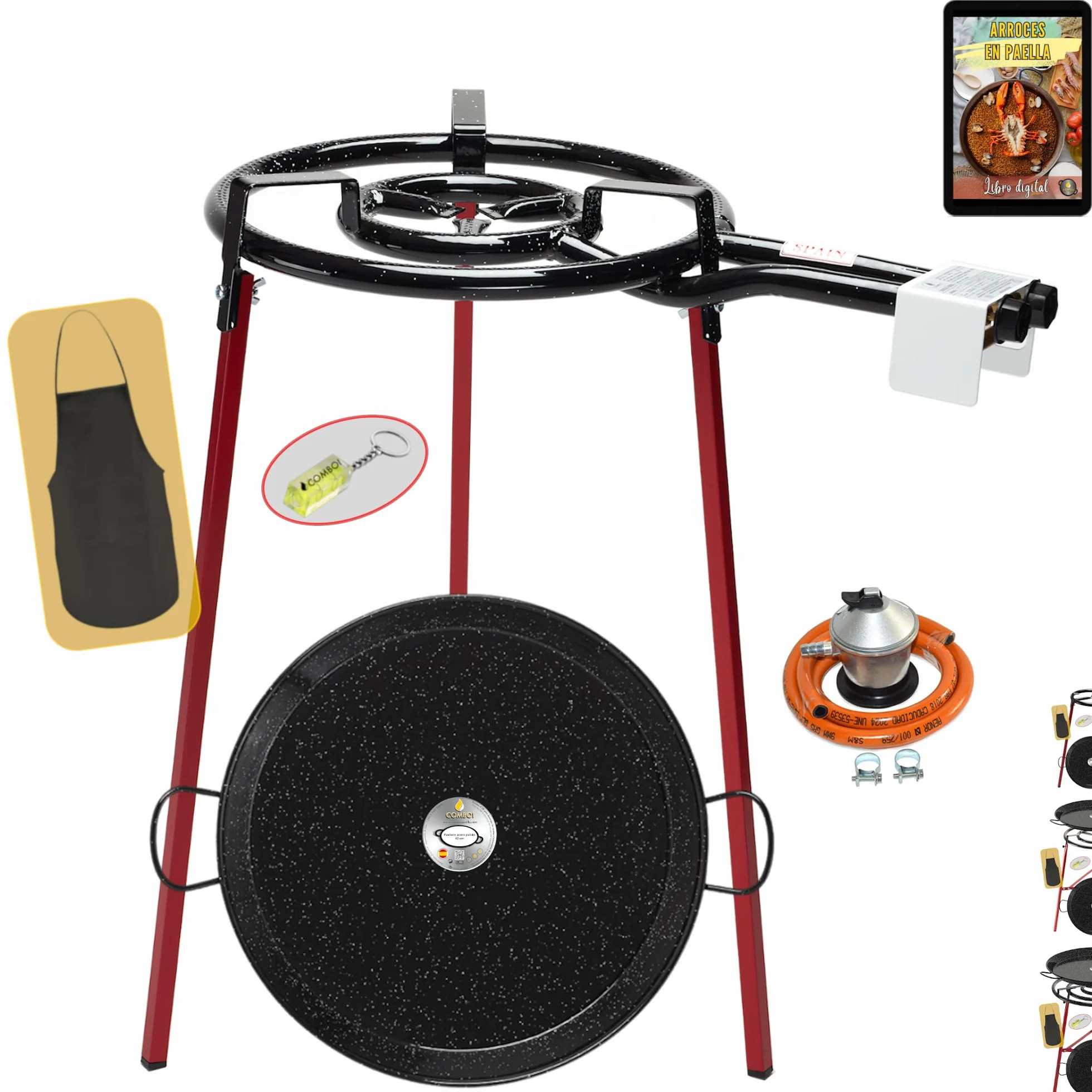 COMBOI Paellero gas butano 40 cm, paellera esmaltada de 46 cm,paella Kit Quemador, Regulador de gas, Manguera, Patas Soporte, nivel, delantal, Libro de Recetas digital