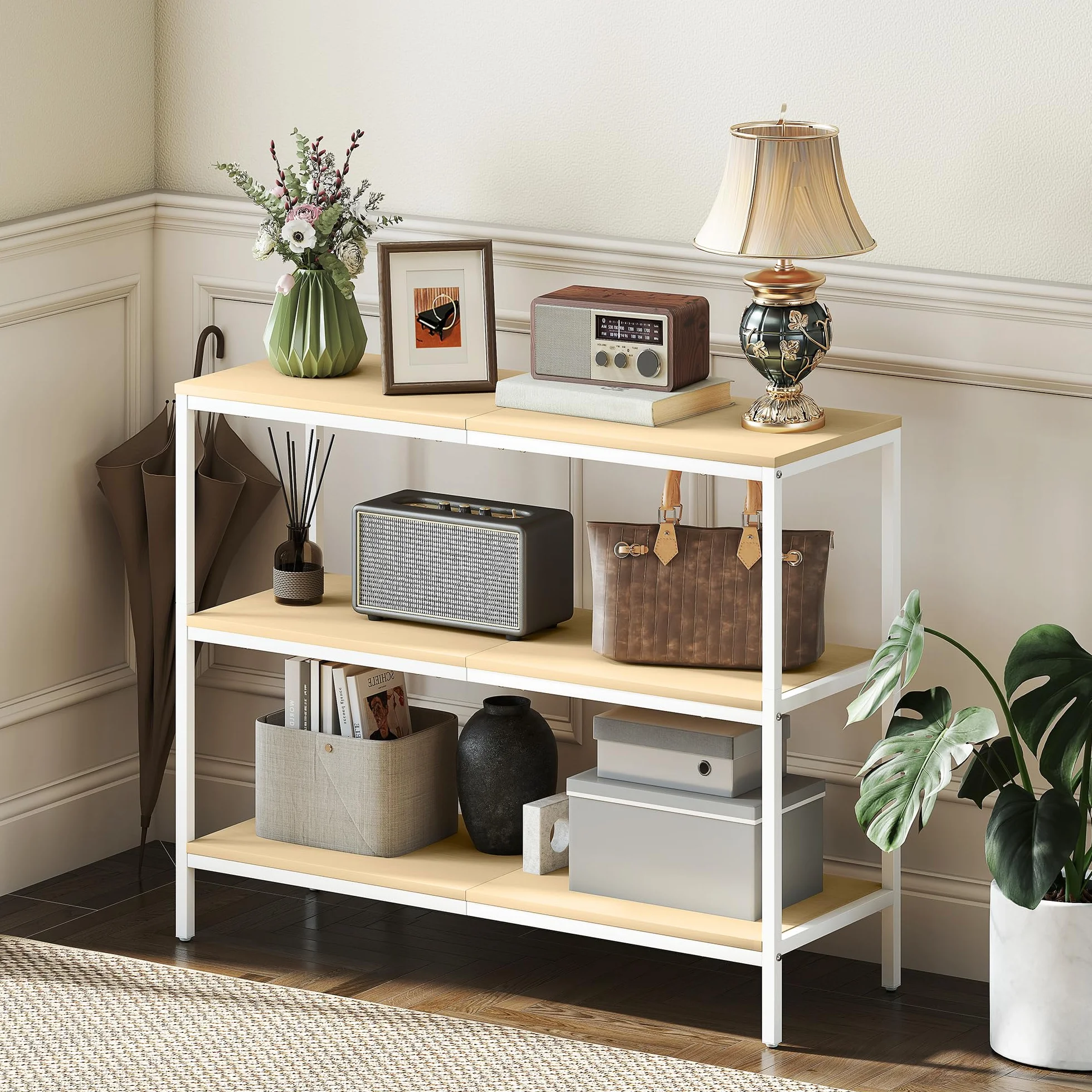 HOMCOM Mesa de Consola Estrecha Moderna 101x35x80 cm Natural y Blanco | Consola de Recibidor, Mesa de Recibidor, 3 Estantes Abiertos, Patas de Metal, Pasillo Entrada Salón Dormitorio