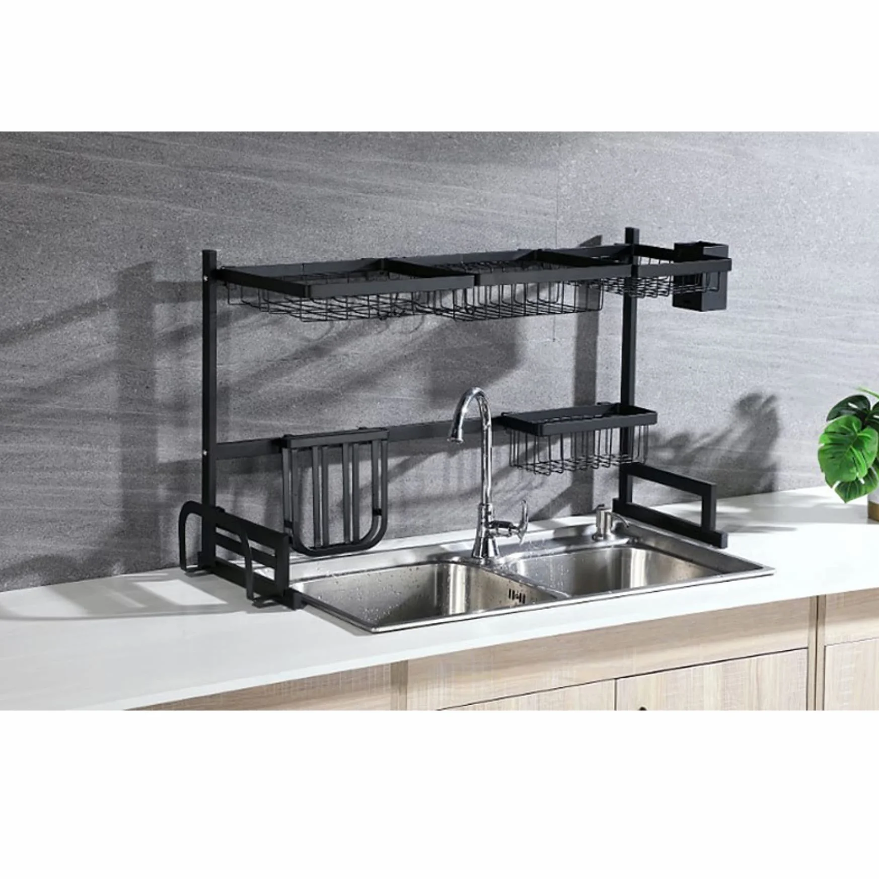 Escurridor de Platos, Escurreplatos Encima del Fregadero, Escurridor de Platos Ajustable, con Soporte para Utensilios, para Mostrador de Cocina, Inoxidable , 85x32x52cm (Negro)