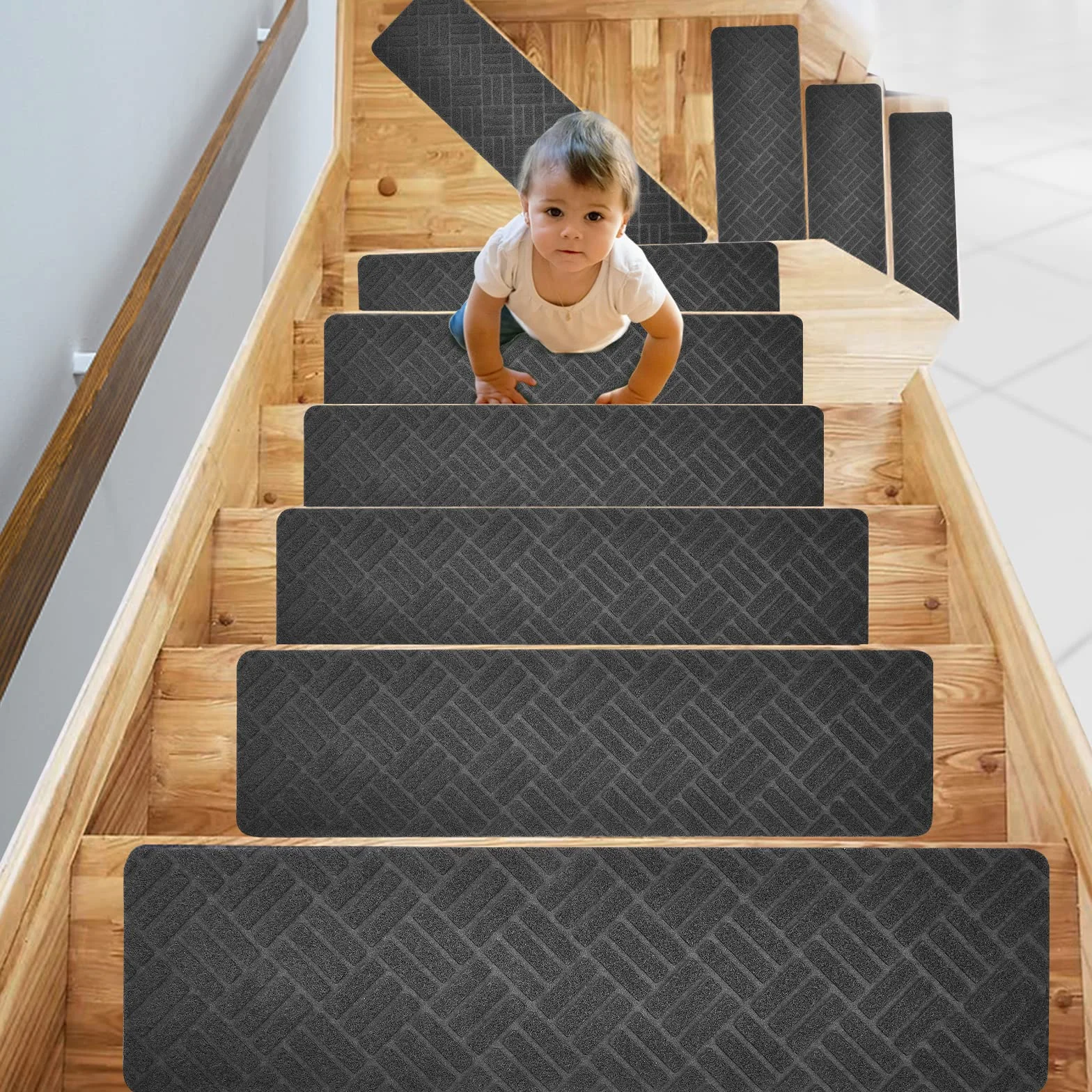 Weigudoc 15 Piezas Alfombrillas Antideslizantes de Escalera para Peldaños, Autoadhesiva Alfombra para Escaleras 76x20 cm, Peldaños de Escalera para Niños Ancianos y Mascotas, Gris (Estilo 2)