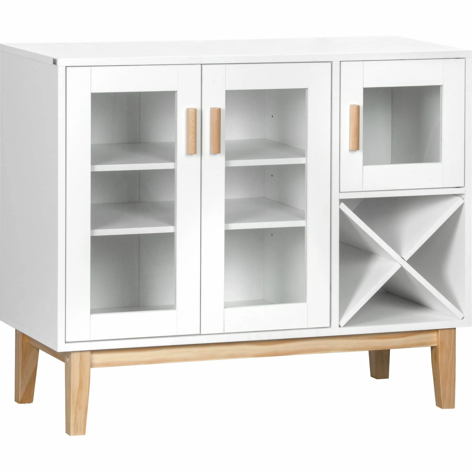 HOMCOM Aparador de Cocina con Botellero Mueble Buffet Auxiliar con 3 Puertas de Vidrio y Botellero en Forma X para 4 Botellas para Comedor Estilo Moderno Antivuelco 90x37x75 cm Blanco