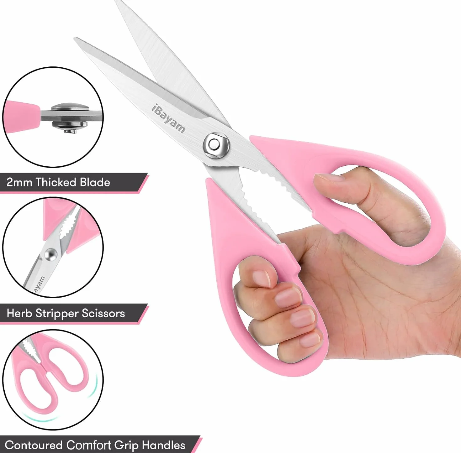 iBayam Tijeras de cocina multiusos de 8.5 pulgadas con funda, accesorios de cocina rosa para mujeres, mamá, esposa, ella