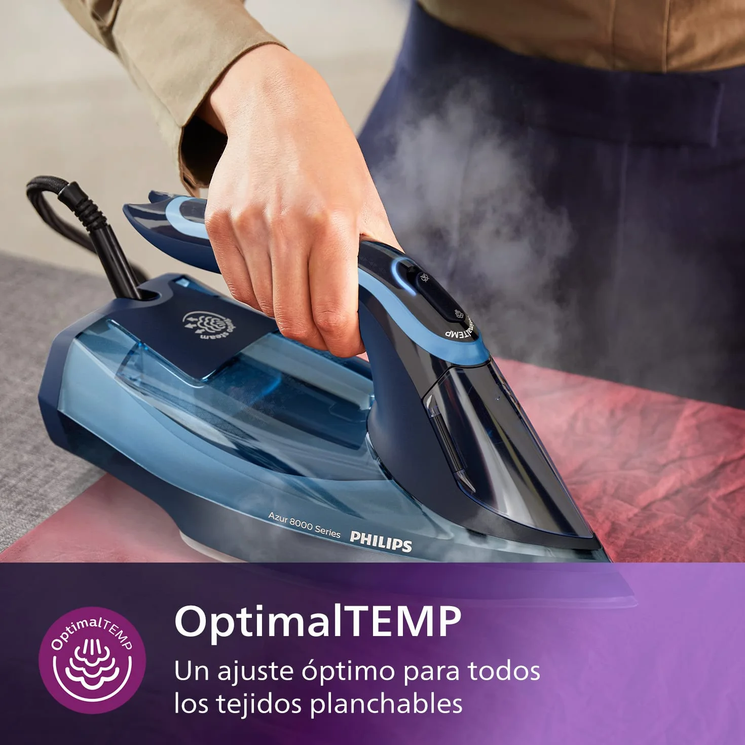 Philips Azur 8000 Plancha de Vapor, 3000W, depósito 300 ml, Azul Claro | Golpe de vapor 240g, 55g/min continuo, OptimalTEMP sin quemaduras, suela SteamGlide Elite, vapor vertical (DST8020/20)