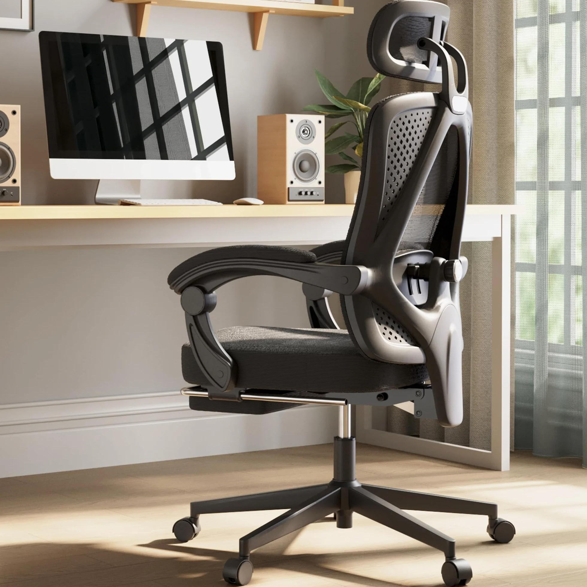 Dowinx Silla de oficina ergonómica con reposacabezas, soporte lumbar, silla ejecutiva con reposapiés, altura regulable, respaldo ajustable, malla, 150 kg, color negro