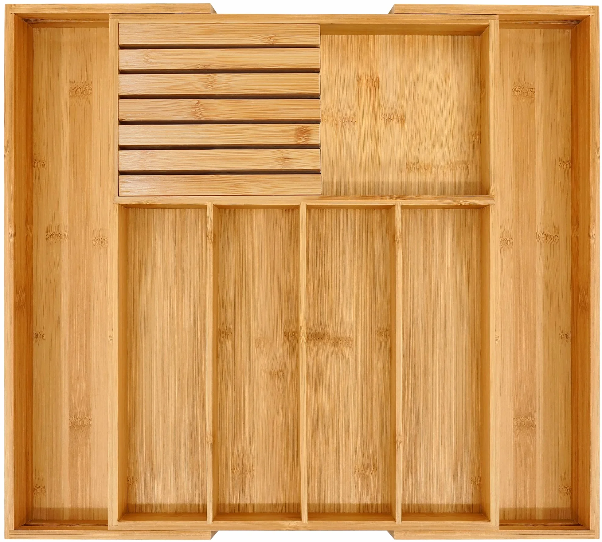 VaeFae Bandeja organizadora de cubiertos de bambú, organizador de cajones de cubiertos grande, 5-7 compartimentos, 32-55 cm, soporte extensible para utensilios de cocina, organizador divisor con