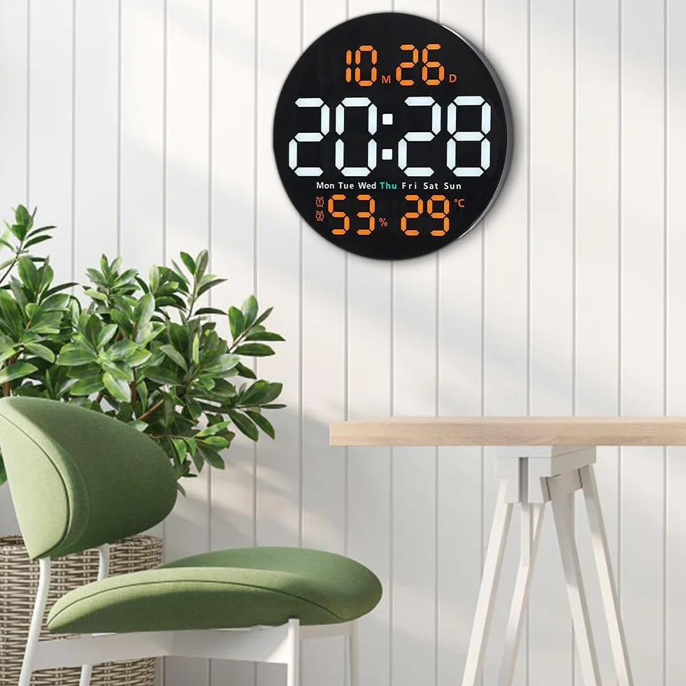 DAZZLEEX Reloj de pared digital LED de 10 pulgadas con alarma de temperatura e higrómetro, reloj electrónico multifuncional para el hogar con temperatura y humedad reloj silencioso (naranja)