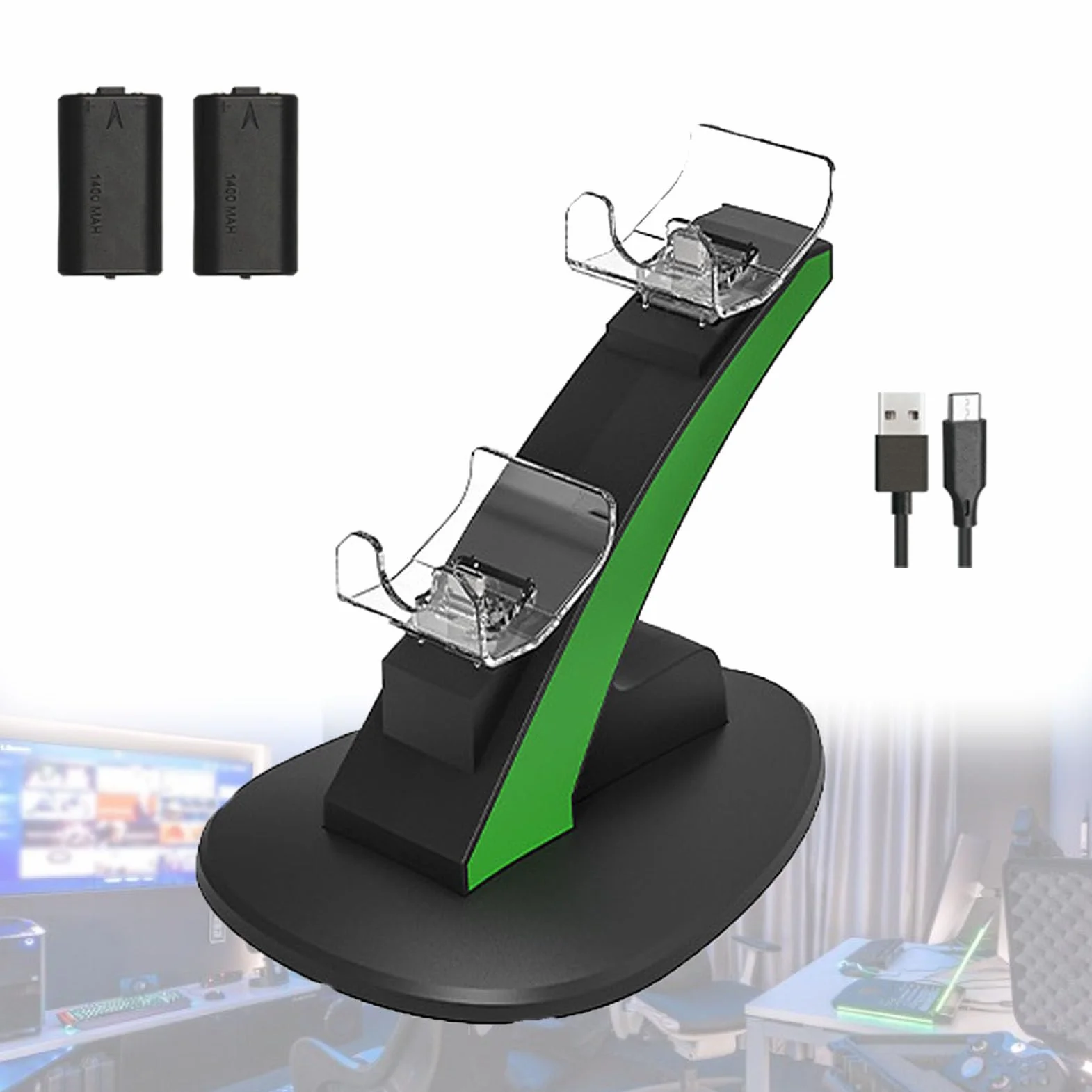 Cargador con Doble asa, estación de Carga Doble con 2 baterías e indicador LED, diseño de Base Antideslizante para facilitar su Transporte. (Black)