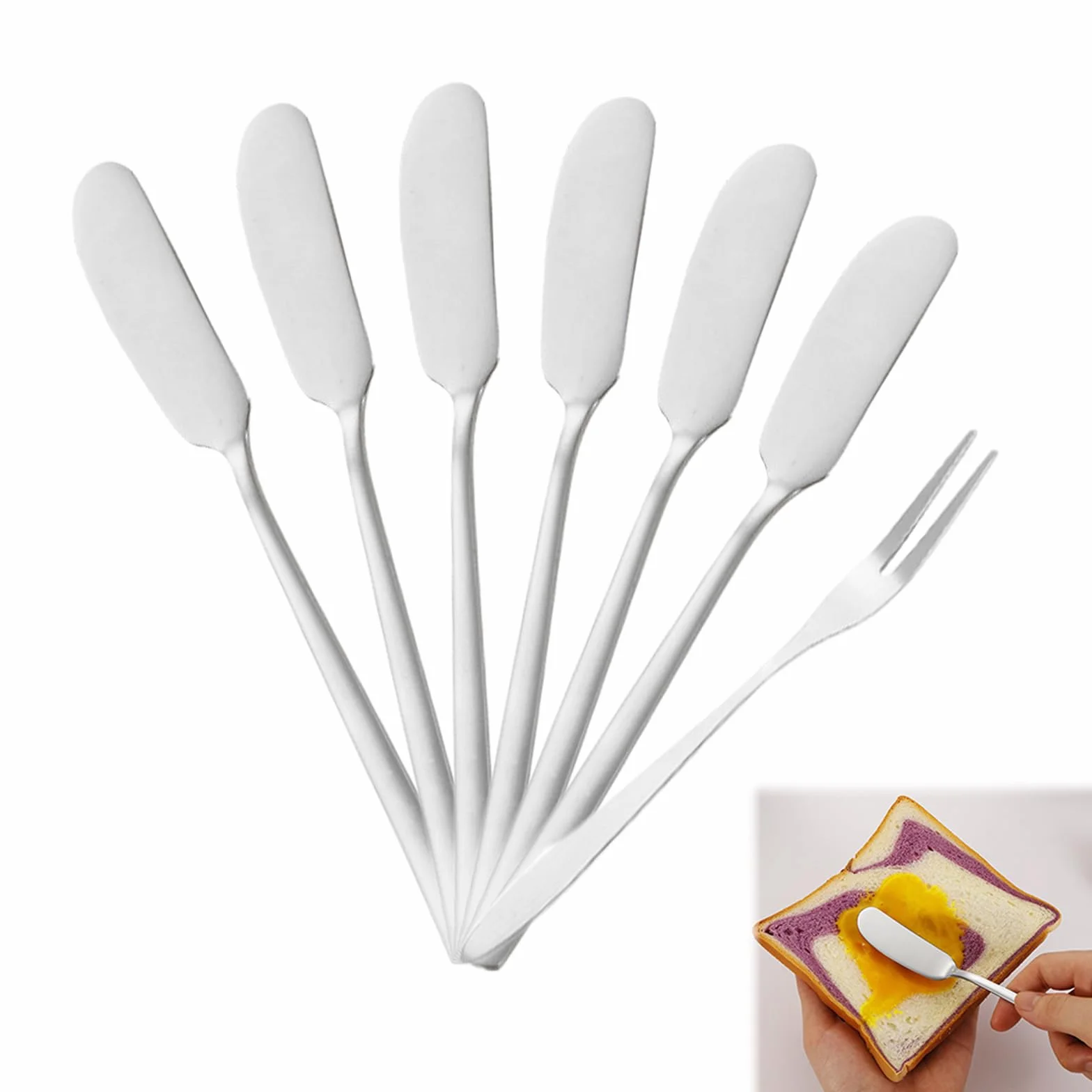 Juego de 6 cuchillos de mantequilla pequeños, de acero inoxidable, cuchillo de mantequilla, cuchillo de queso, cuchillo de postre, con tenedor de fruta, para queso, mantequilla fría, mermelada