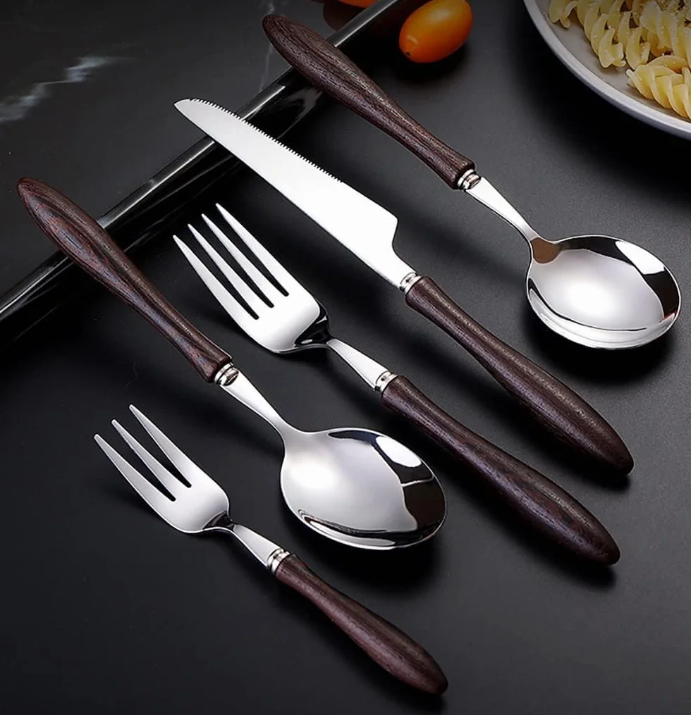 Genérico Juego De Cubiertos De 40 Piezas, Cubiertos De Madera De Acero Inoxidable, Cubiertos Aptos para Lavavajillas, Juego De Cubiertos para 8 Personas