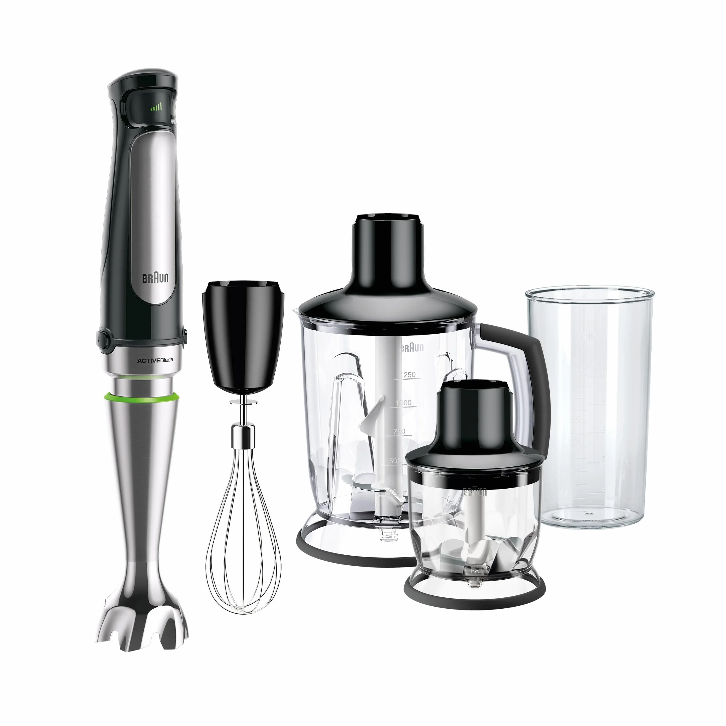 Braun Minipimer 7 - Batidora de Mano con Tecnología SplashControl, Sistema ActiveBlade para Alimentos Duros, Selección de Velocidad, Jarra Batidora 1,25L, Picadora, Vaso 600mL, 1000W, Negro (MQ7045X)