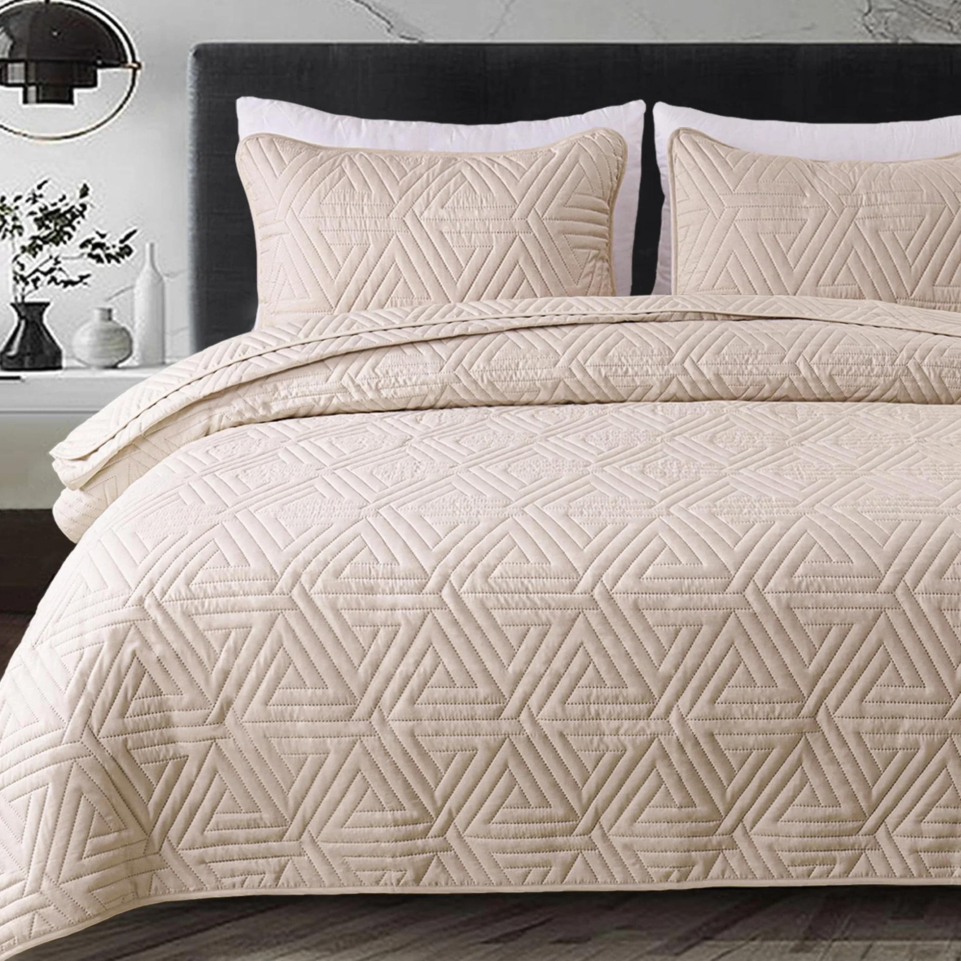 Whale Flotilla Colcha para Cama de 260 x 280 cm, con 2 Fundas de Almohada, Microfibra, Suave y Ligera, con Estampado Geométrico, Ropa de Cama para Todo el Año, Beige