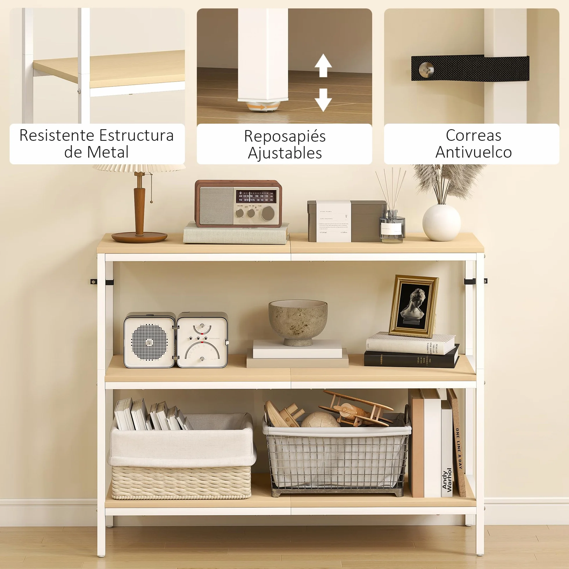 HOMCOM Mesa de Consola Estrecha Moderna 101x35x80 cm Natural y Blanco | Consola de Recibidor, Mesa de Recibidor, 3 Estantes Abiertos, Patas de Metal, Pasillo Entrada Salón Dormitorio