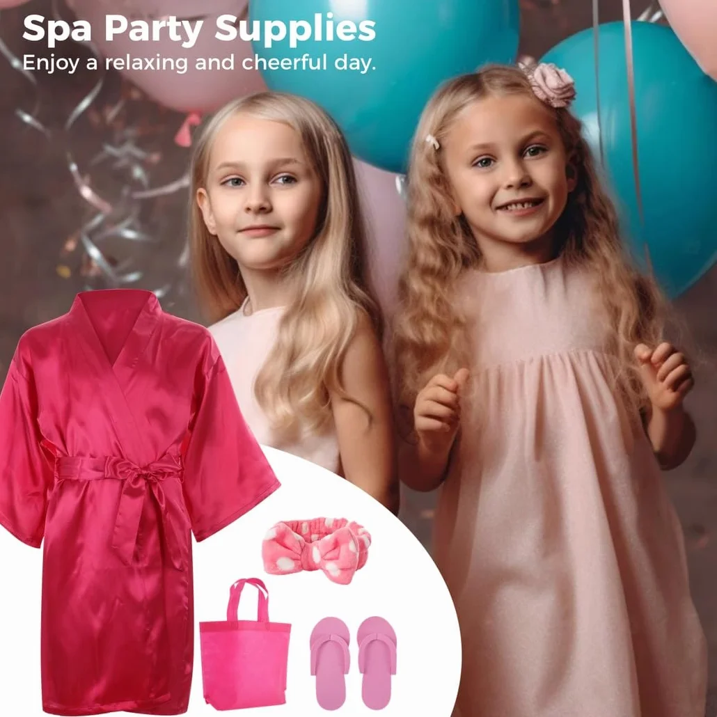 Kit de fiesta de spa de 32 piezas: incluye 8 kimonos de satén, 8 diademas de spa, 8 pantuflas de espuma y 8 bolsas para fiestas de pijamas de niños, fiestas de pedicura y diversión en el salón de