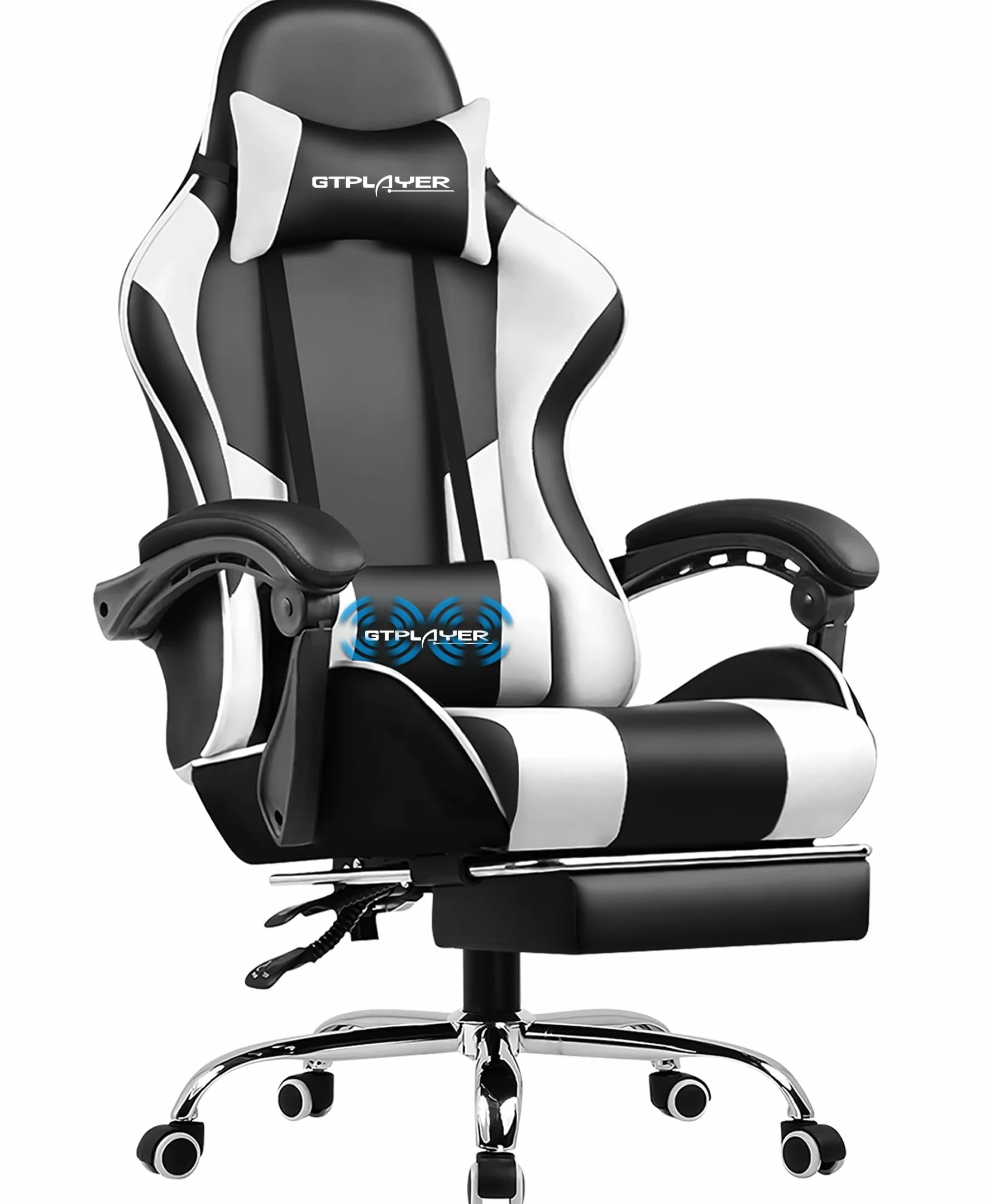 GTPLAYER Silla de Videojuegos ergonómica para Masaje con reposapiés y Soporte Lumbar, Altura Ajustable, Asiento Giratorio de 360° y reposacabezas para Oficina, Color Blanco