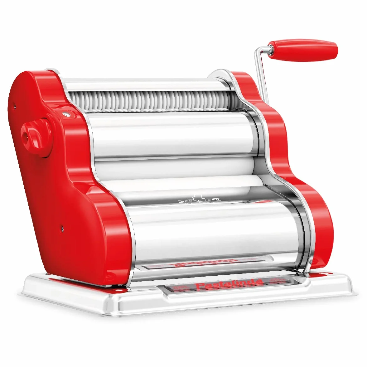 PASTALINDA Classic 200 - Máquina para hacer pasta, rodillos de 20 cm, 9 posiciones de grosor, 2 posiciones de corte, acero inoxidable, manivela reforzada y abrazaderas (rojo)