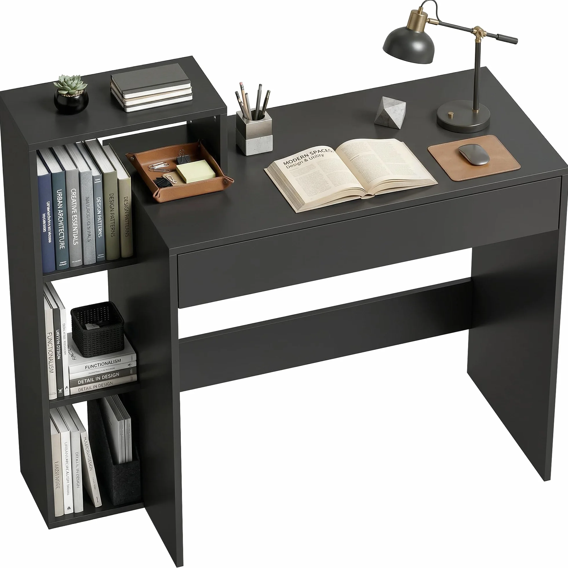 HOMCOM Escritorio con Almacenamiento, Escritorio PC, 100x40x90 cm, Negro | con 3 estantes, cajón, estación de trabajo, Escritorio de computadora para teletrabajo, sala de estar