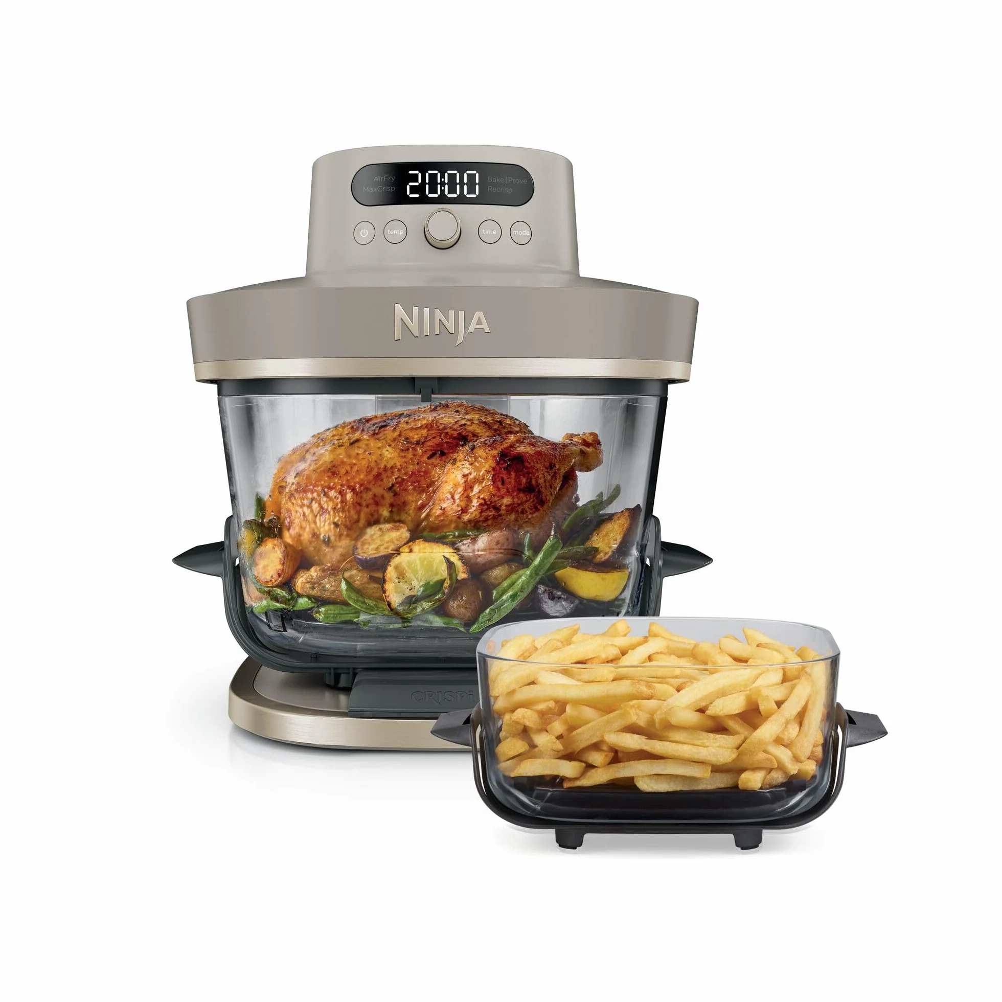 Ninja CRISPi PRO XL Freidora de aire, 5 funciones de cocción predefinidas, recipientes de cocción de cristal CleanCrisp de 5,7 y 2,3 l y tapas para almacenamiento, Dorado piedra AS090EUSD