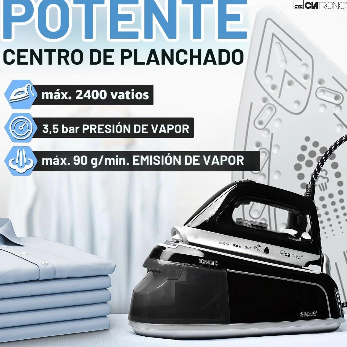 Centro de planchado a vapor Clatronic con plancha de vapor | 3,5 bar | plancha de vapor con suela Superglide y depósito de agua de 1,2L | 80 min. de autonomía | 2400W | con sistema antigoteo |DBS 3749
