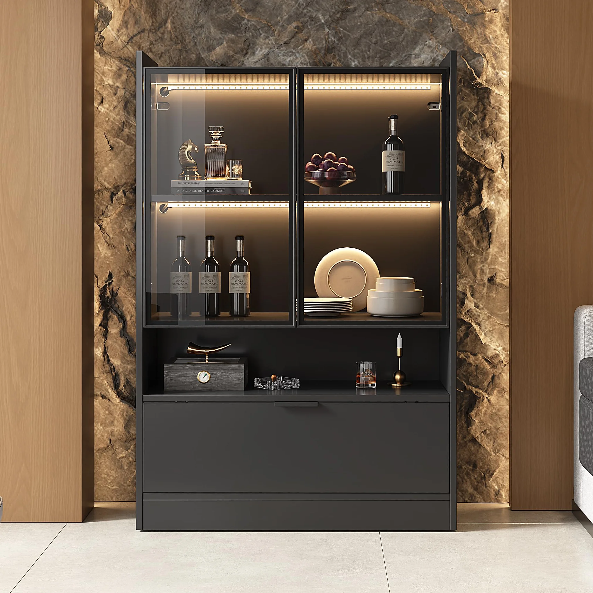 Vitrina Expositora con Iluminación LED, Vitrina Salon con 2 Puertas y Estante, Vitrina Cristal con Compartimento Abierto y Armario de Almacenaje, 80x120x35 cm, Negro