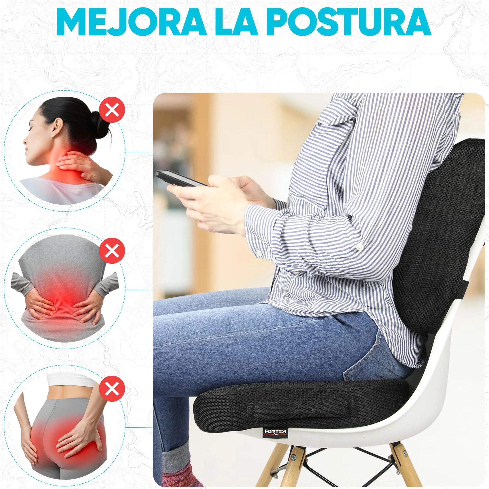 FORTEM Pack Cojín Silla Oficina y Almohada Lumbar - Cojín para Silla Ordenador en Forma De U y Almohada Lumbar con Espuma Viscoelástica para Asiento Coche, Gaming, Trabajo - Fundas Lavables