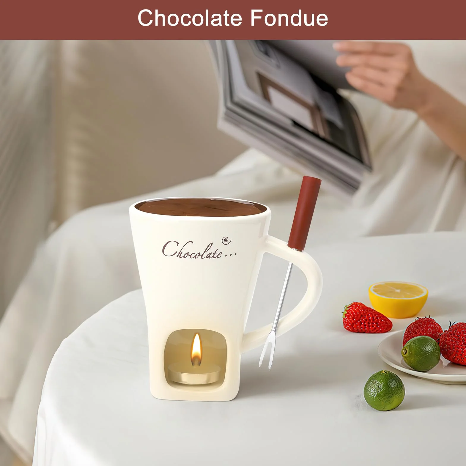 Juego de fondue de chocolate, taza de cerámica 130 ml, con portavelas y tenedores