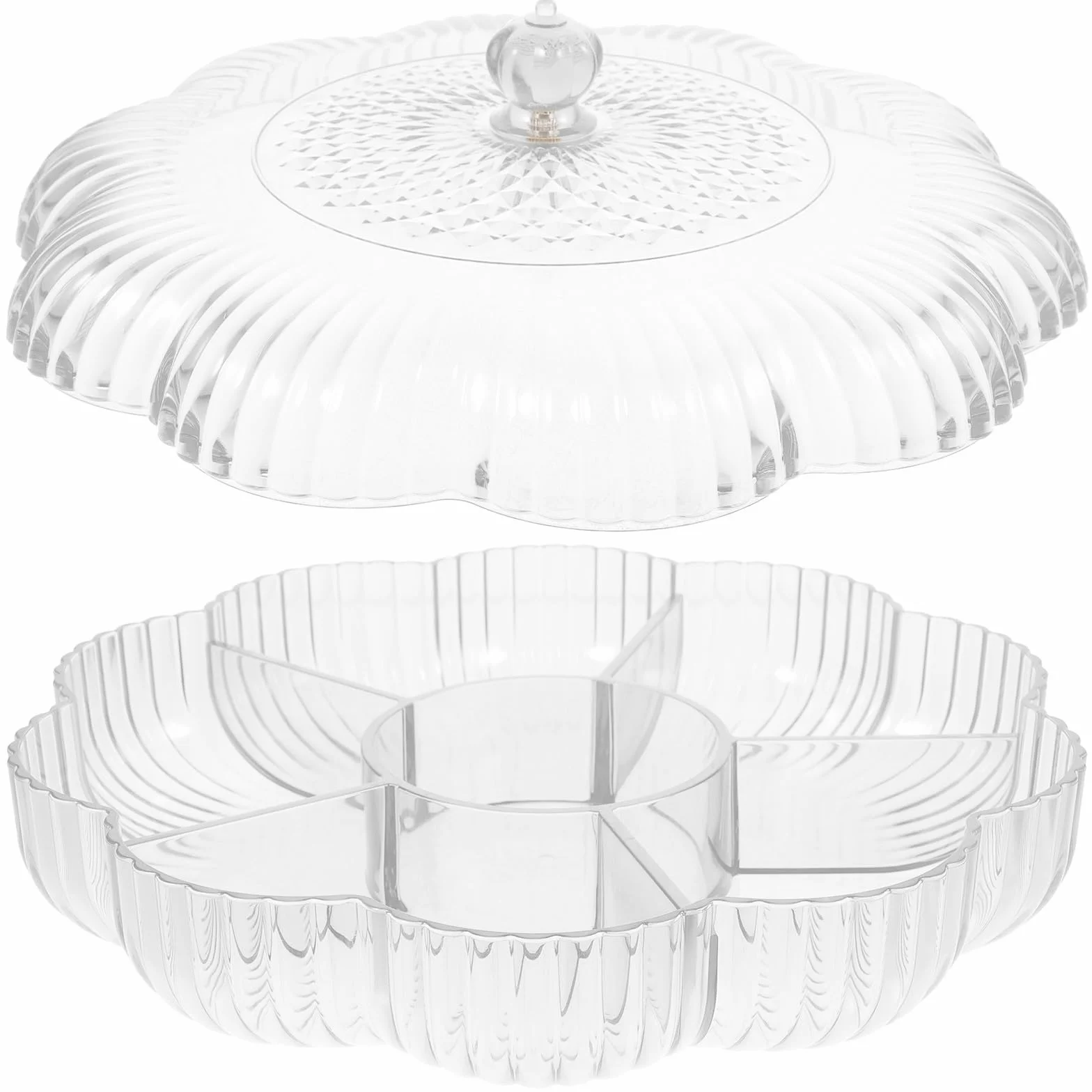 HOMSFOU Bandeja para Servir Aperitivos Transparente de 5 Compartimentos en Forma de Flor, Reutilizable y Multifuncional para Dulces, Frutos Secos y Snacks, Adecuado para Fiestas y Hogar