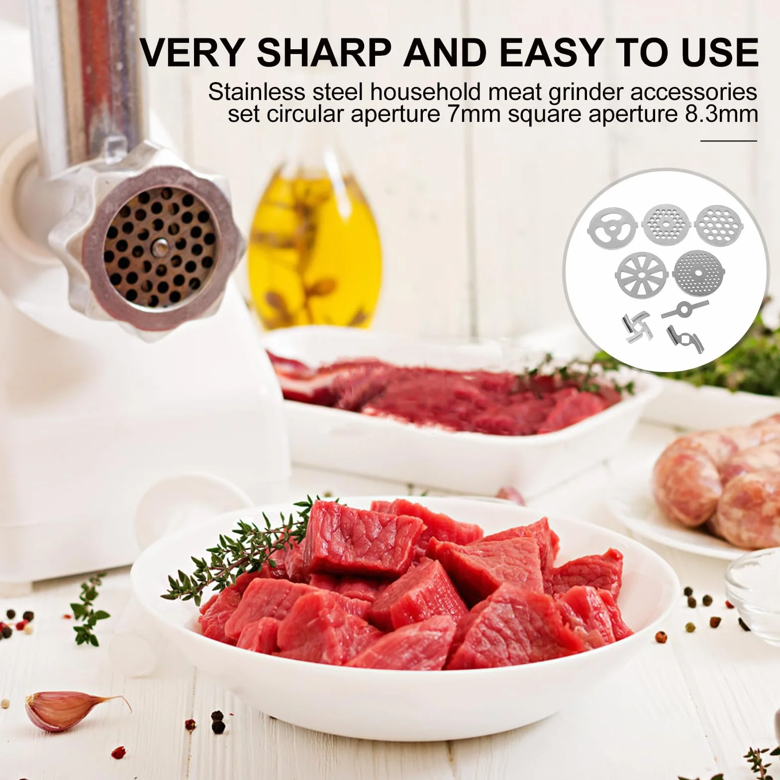 Housoutil Kit de 8 Accesorios de Placas y Cuchillas para Picadora de Carne, Acero Inoxidable Resistente Corrosión, Adecuado para Preparación de Alimentos en Casa