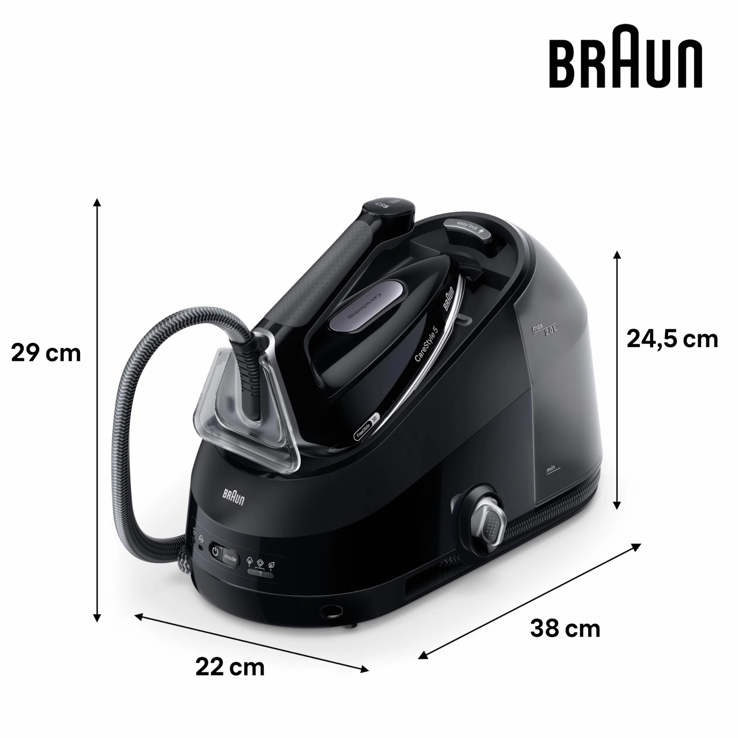 Braun CareStyle 5 IS5249BK, Plancha de Vapor con Tecnología FreeGlide 3D, 150 g/min de Vapor, Calentamiento Rápido, iCareMode, Planchado Vertical, Anti Goteo, Tanque Agua Desmontable 2L, 2400W, Negro