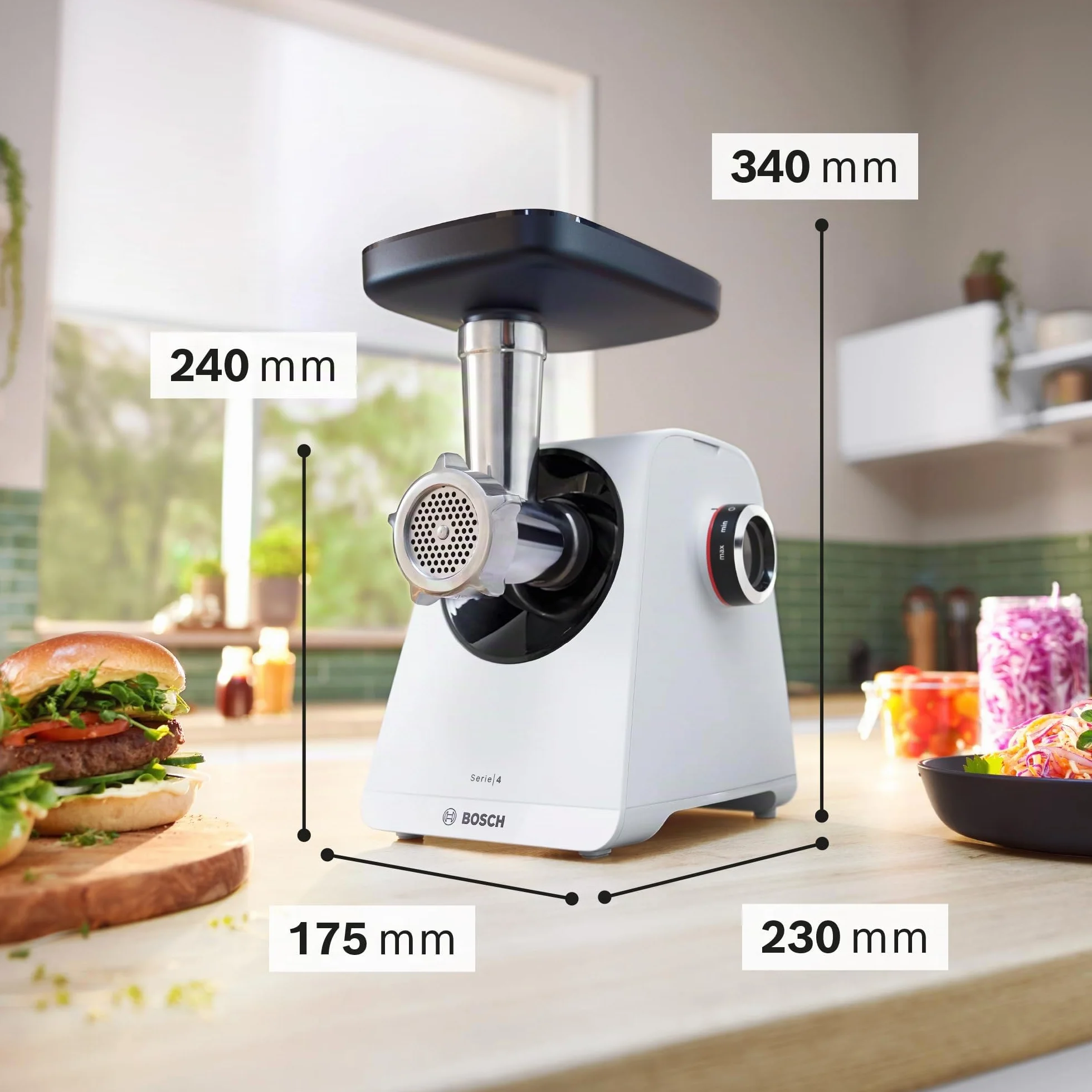 Bosch - Picador de carne, MultiPower, Serie 4, 1900 W, Molinillo, Accesorio para salchichas, Blanco, MFWS420W
