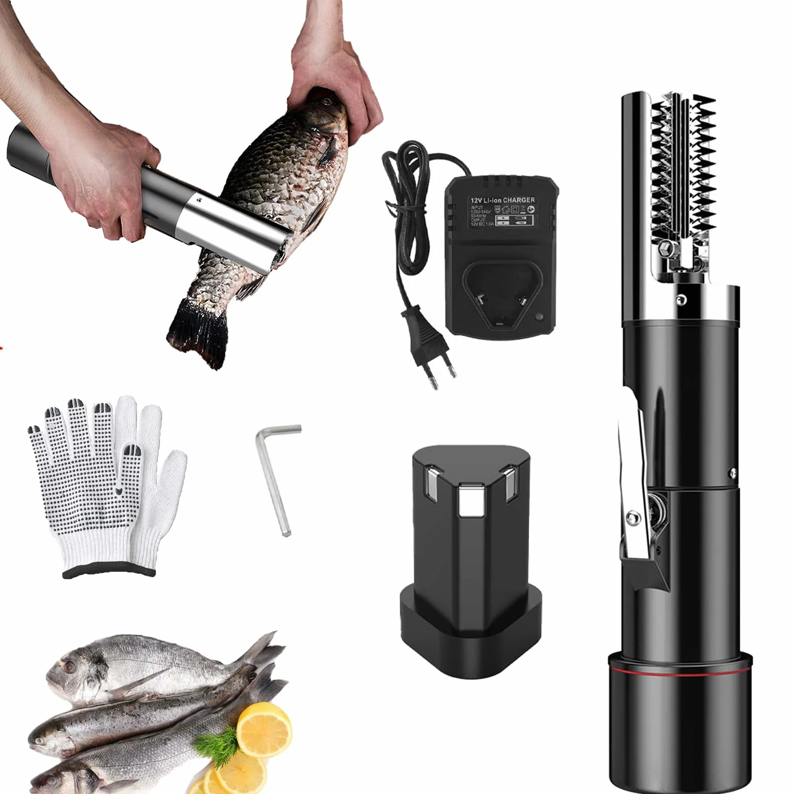 Desincrustador de Pescado eléctrico, 125W Removedor de Escamas de Pescado Batería Limpiador de Escamas de Pescado 7500r/min Descalcificador para Pescado Coche Recargable Removedor
