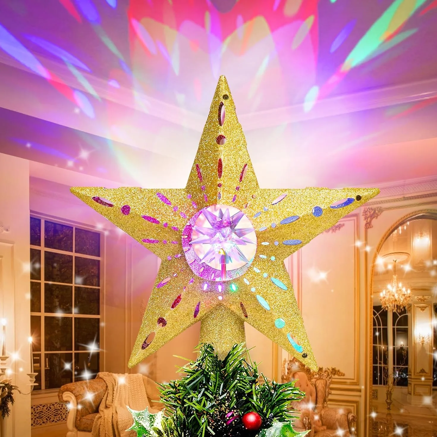 Quntis Estrella Arbol Navidad con Luces 3D Proyector, Efectos de proyección Colorido, Estrella Árbol Topper Decoracione para Árbol de Navidad Exterior Interior Fiesta, Oro