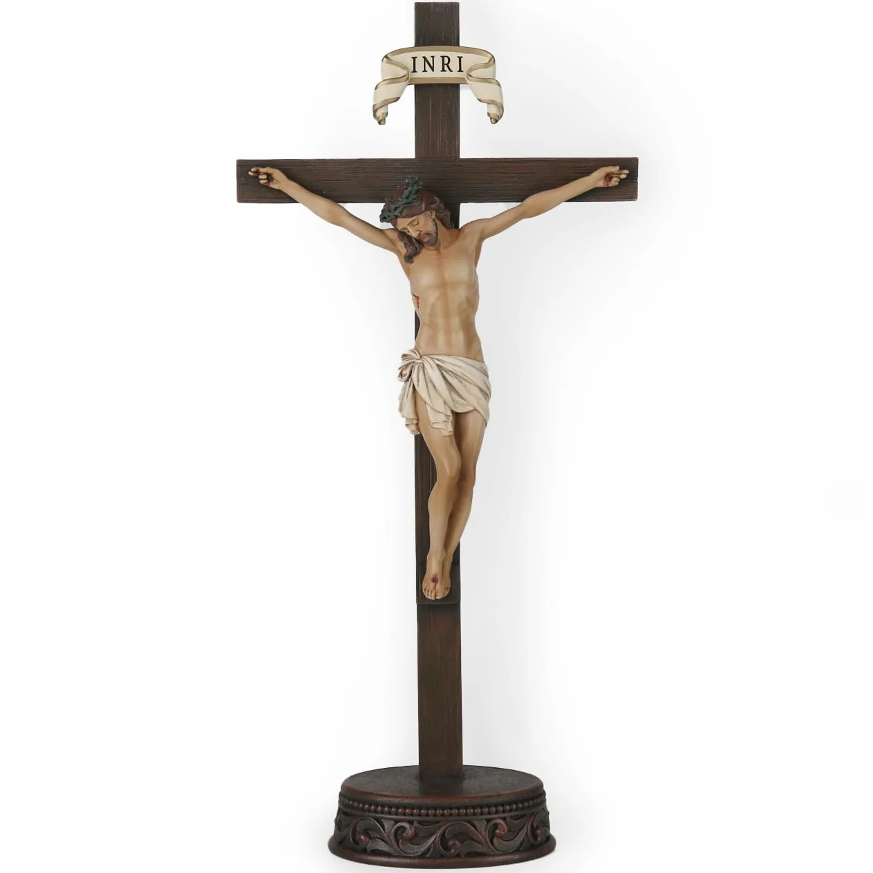 Cruz de pie con crucifijo católico BC, decoración del hogar de Jesucristo, regalo religioso, aspecto tallado de madera, acabado realista, 27,7 cm de alto, pintado a mano por Buildclassic