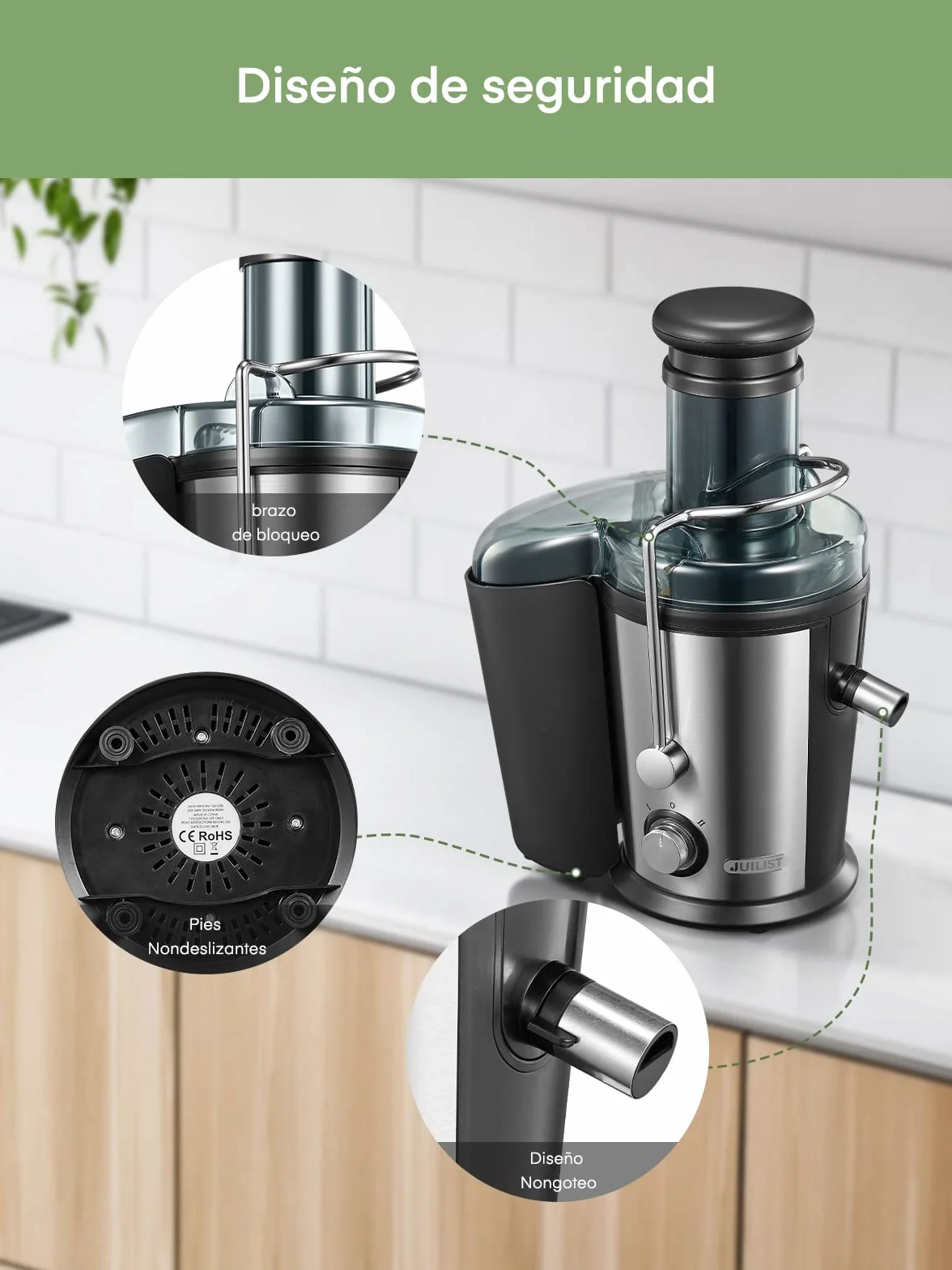 Licuadora para Verduras y Frutas 800W de Acero Inoxidable, Extractor de Zumos con Boca Ancha 75mm y 2 Velocidades