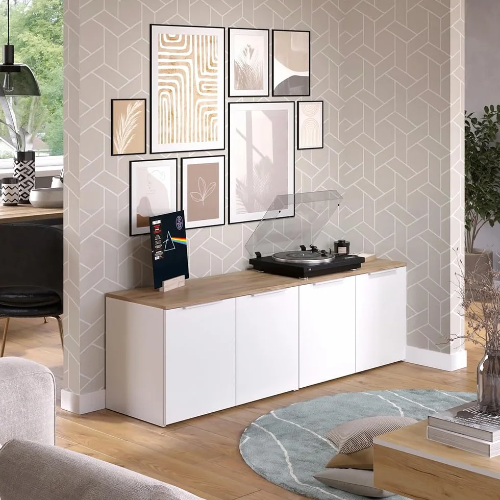 Vicco Conjunto de salón Wido, Blanco/Sonoma, 2 Partes, para el Almacenamiento y la presentación de Dispositivos Multimedia