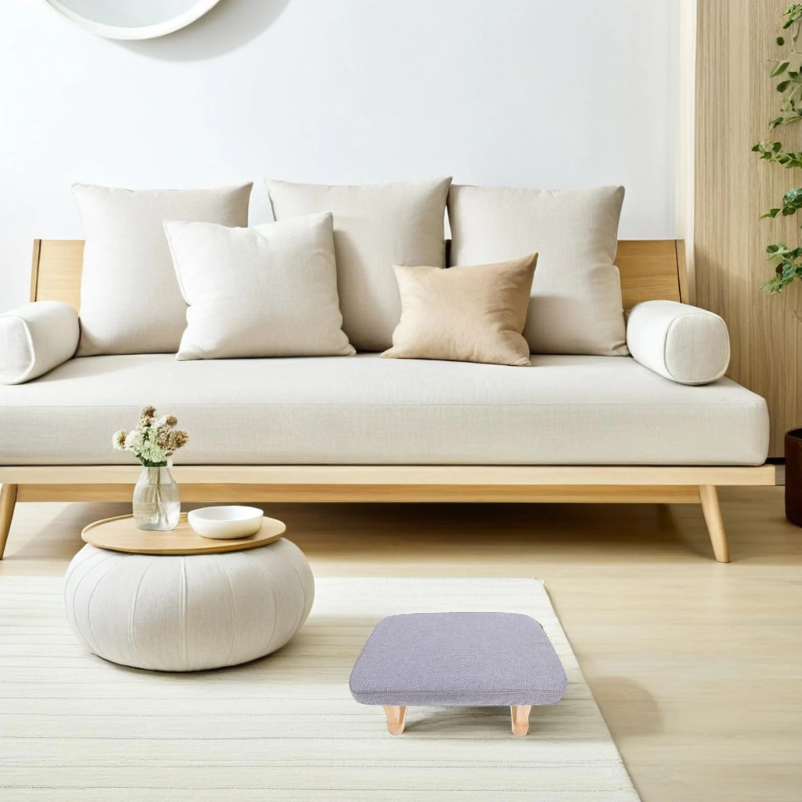 NOLITOY Taburete Pequeño de Madera Maciza Asiento Tapizado en Tela Gris, Reposapiés Multifuncional para Cambiar Zapatos, Meditación y Yoga, Portátil y Compacto para Hogar y Oficina