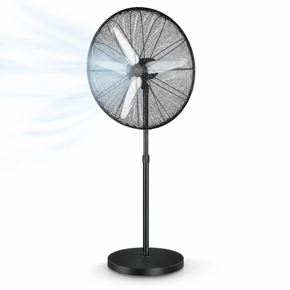 Ventilador de Pie Industrial 200W – 80 cm diametro, 3 Aspas Aluminio, 3 Velocidades, Oscilante y Orientable, Altura Regulable 200–235 cm, Base Pesada Antivuelco, Fijo y Rotatorio, Negro/Plata (200 W)