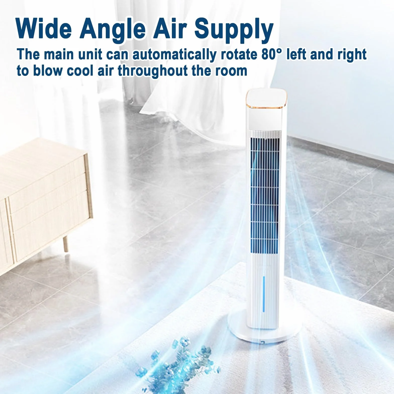 Ventilador Torre Silencioso, 40W Ventilador Columna, Flujo de Aire 200m³/h | Ventiladores de Torre, Oscilación 80°, Doble Depósito de Agua 5L, 3 Velocidades, Estable 30cm, para Hogar