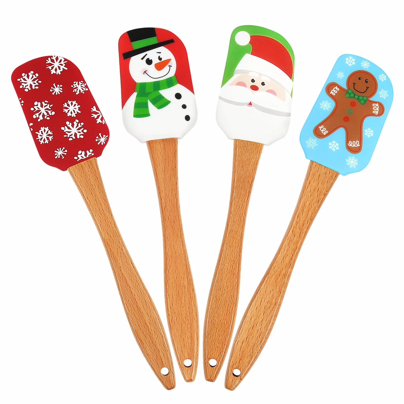 BOYAN Espátula de silicona navideña, juego de 4, espátulas de Navidad con mango de madera para hornear, utensilios de cocina, suministros para hornear, regalos y decoración
