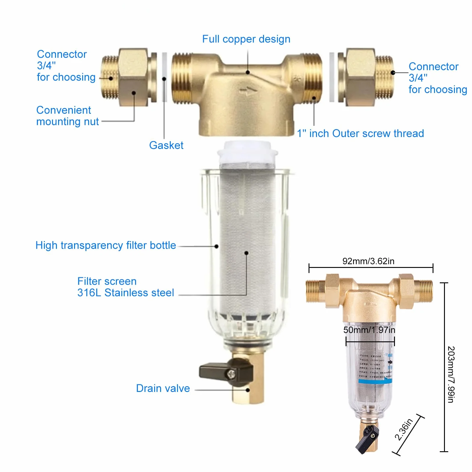 Filtro de agua reutilizable, prefiltro de agua de sedimentos de 1 pulgada, filtro de agua de sedimentos giratorio, filtro fino enjuagable para filtro de sedimentos de manguera de agua de pozo (con