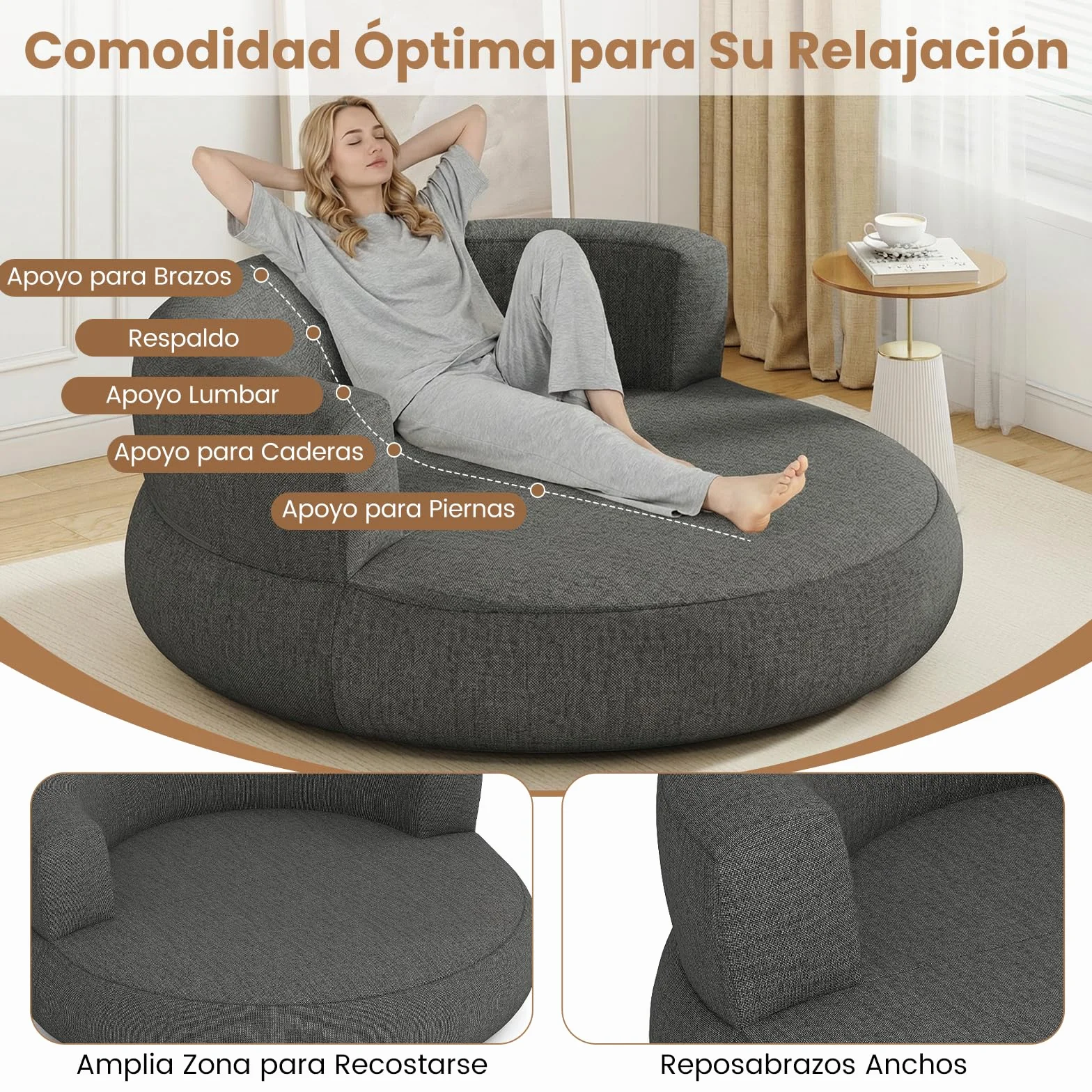 COSTWAY Sofá Hinchable XL, 160 x 164 x 61,5 cm, Sofá Cama Redonda Inflable con Funda Desmontable, Zona Espaciosa y Reposabrazos Amplios, Sillón Hinchable para Salón, Dormitorio, Oficina (Gris)