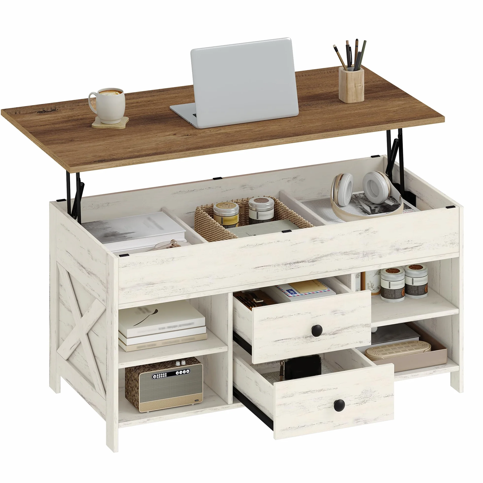 Hzuaneri Mesa de Centro Elevable, Mesa de Salón con 2 Cajones, 3 Compartimentos Ocultos, 4 Compartimentos Abierto, 50 x 100 x 45-61,3 cm, Blanco-Marrón CT22114B