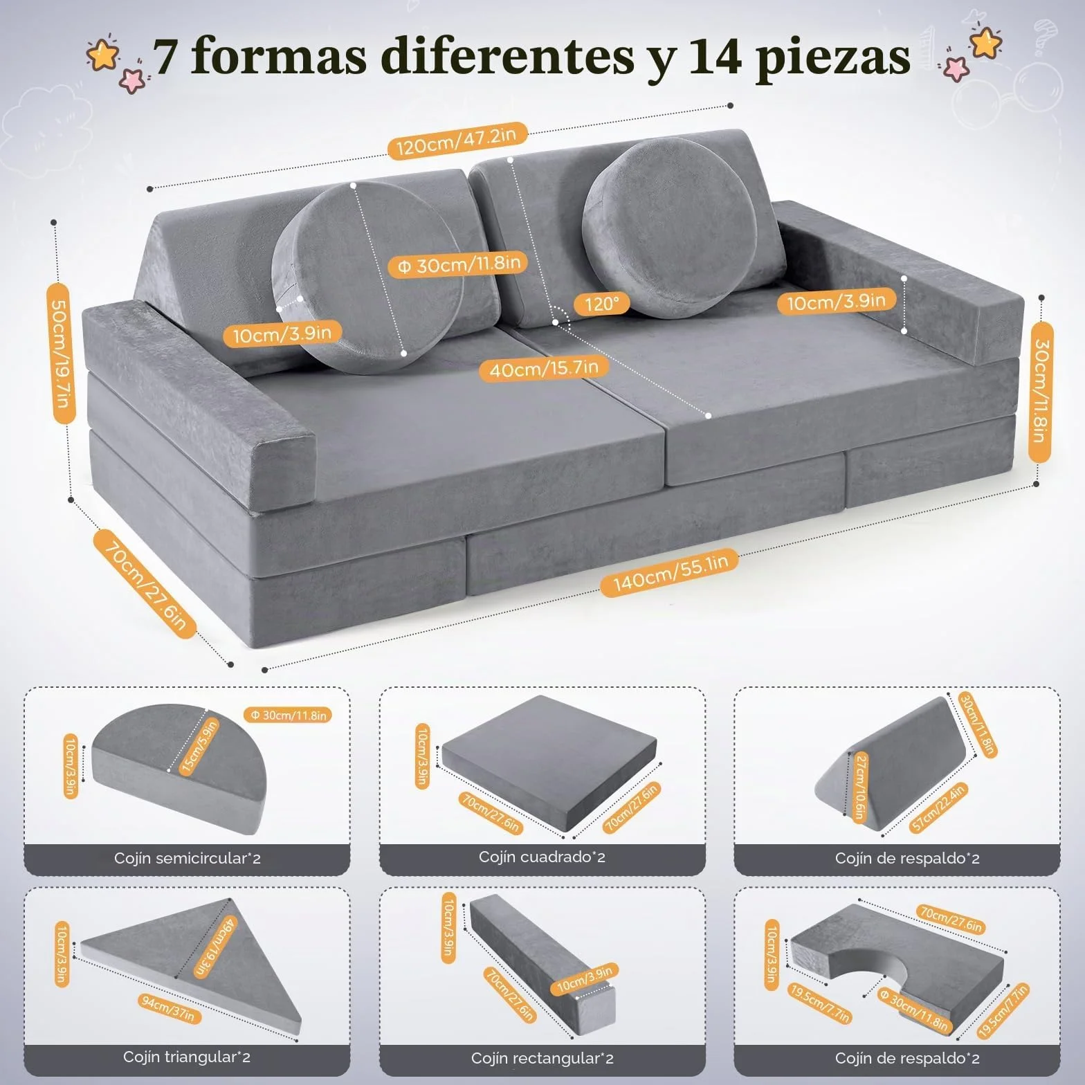 Sofá para niños, Juego de sofás para niños de 14 Piezas, Bloques de construcción de Espuma apilables, sofá de Juegos para niños para Zona de Dormir y Sala de Juegos (Gris)
