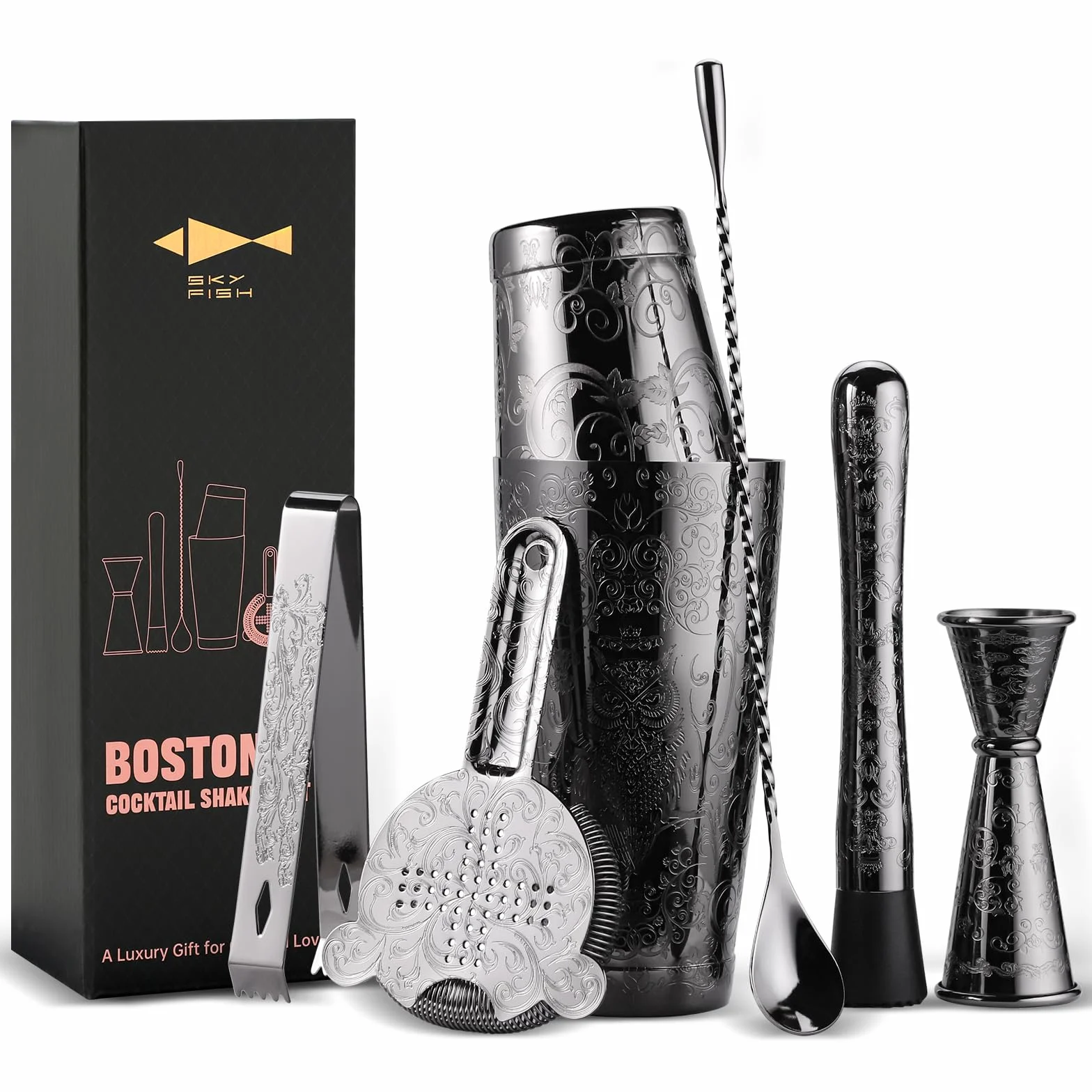 SKY FISH Juego de Coctelera, 7 Piezas Set de Cocteleria Boston, Kit de Barman con Motivos Grabados, Lavar a Mano | Negro.