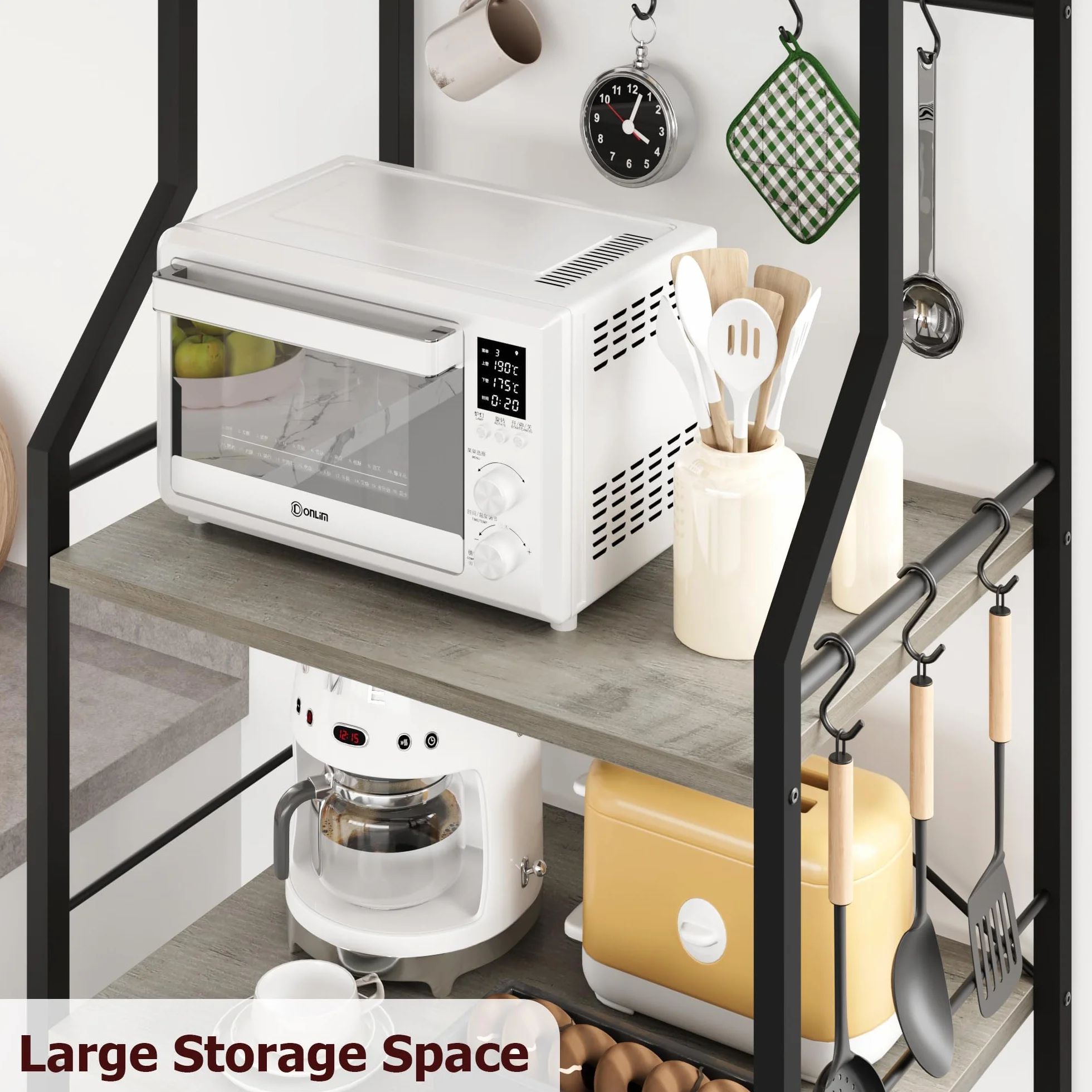 Garvee Estante de cocina de 5 niveles con soporte para microondas, incluye 2 cestas de alambre grandes, 8 ganchos y estantes de almacenamiento industriales para barra de café, perfecto para cocina o