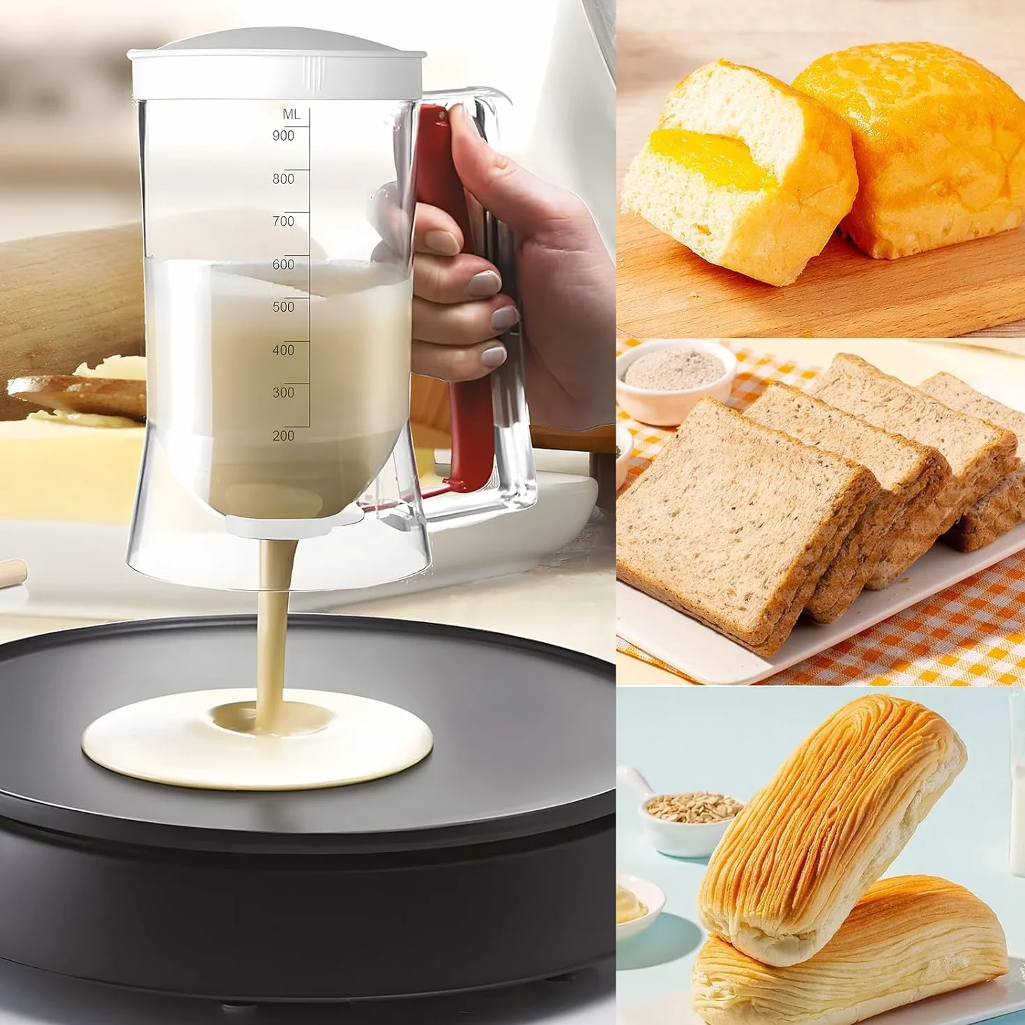 Dispensador de Masa 900ML Transparente con Escala para Muffins, Panqueques, Gofres