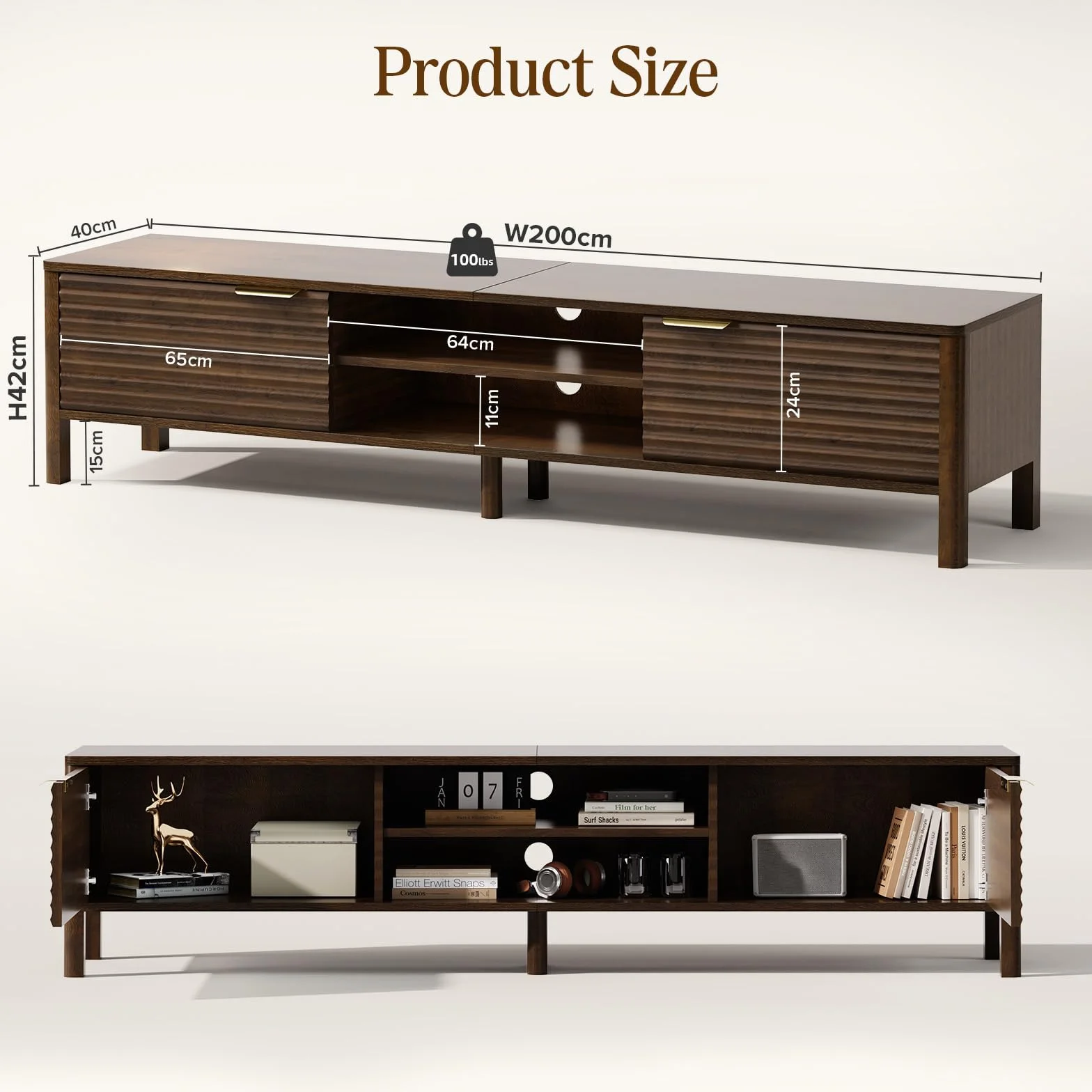 IKALIFE Mueble TV Madera Marrón 200 cm - Mueble de TV con Estantes Ajustables y Gestión de Cables, para Televisores de hasta 80 Pulgadas, para Salón y Dormitorio