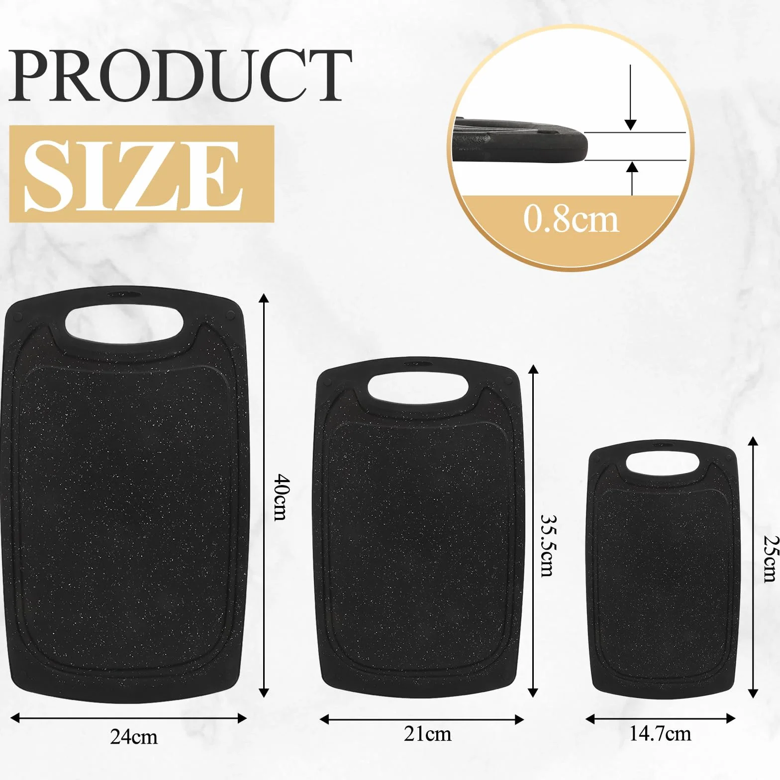 Set de 3 Tablas de Cortar de Plástico Sin BPA con Asas y Ranura para Jugo Antideslizante Negro