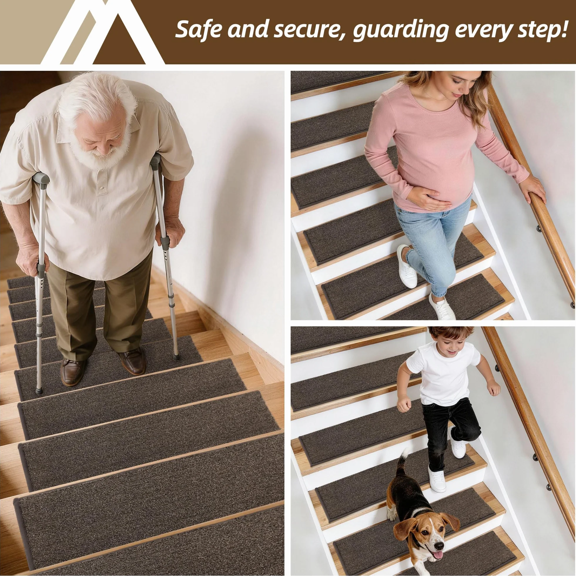 COSY HOMEER 15 alfombrillas para peldaños de escaleras, 70 x 22 cm, autoadhesivas, lavables a máquina, 100 % poliéster, respaldo TPE, ideal para niños, personas mayores y mascotas, color marrón
